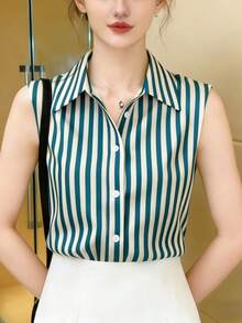 Women's Sleeveless Button-Up Shirt, Striped Pattern Loose Fit Summer Top, Elegant Collar, Machine Washable For Casual Or Formal Occasions, Opaque Fabric, Single-Breasted Blouse - Dusty Blue - View 10