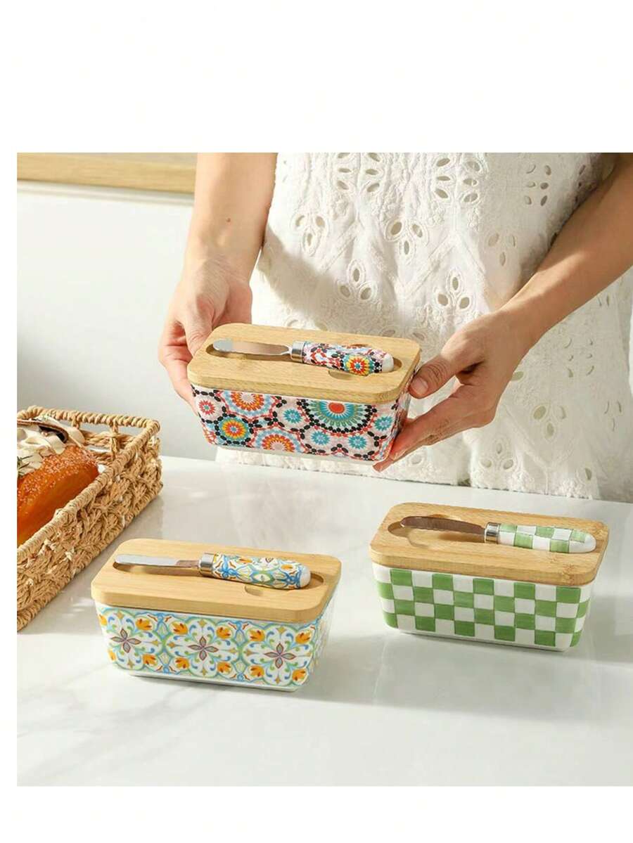 Ceramic Lid Butter Dish - Large Capacity Butter Storage Container With Divider, Hand-Painted Ceramic Creative Butter Box, Dishwasher , Christmas Kitchen Gift, Durable And Highly Creative - View 1