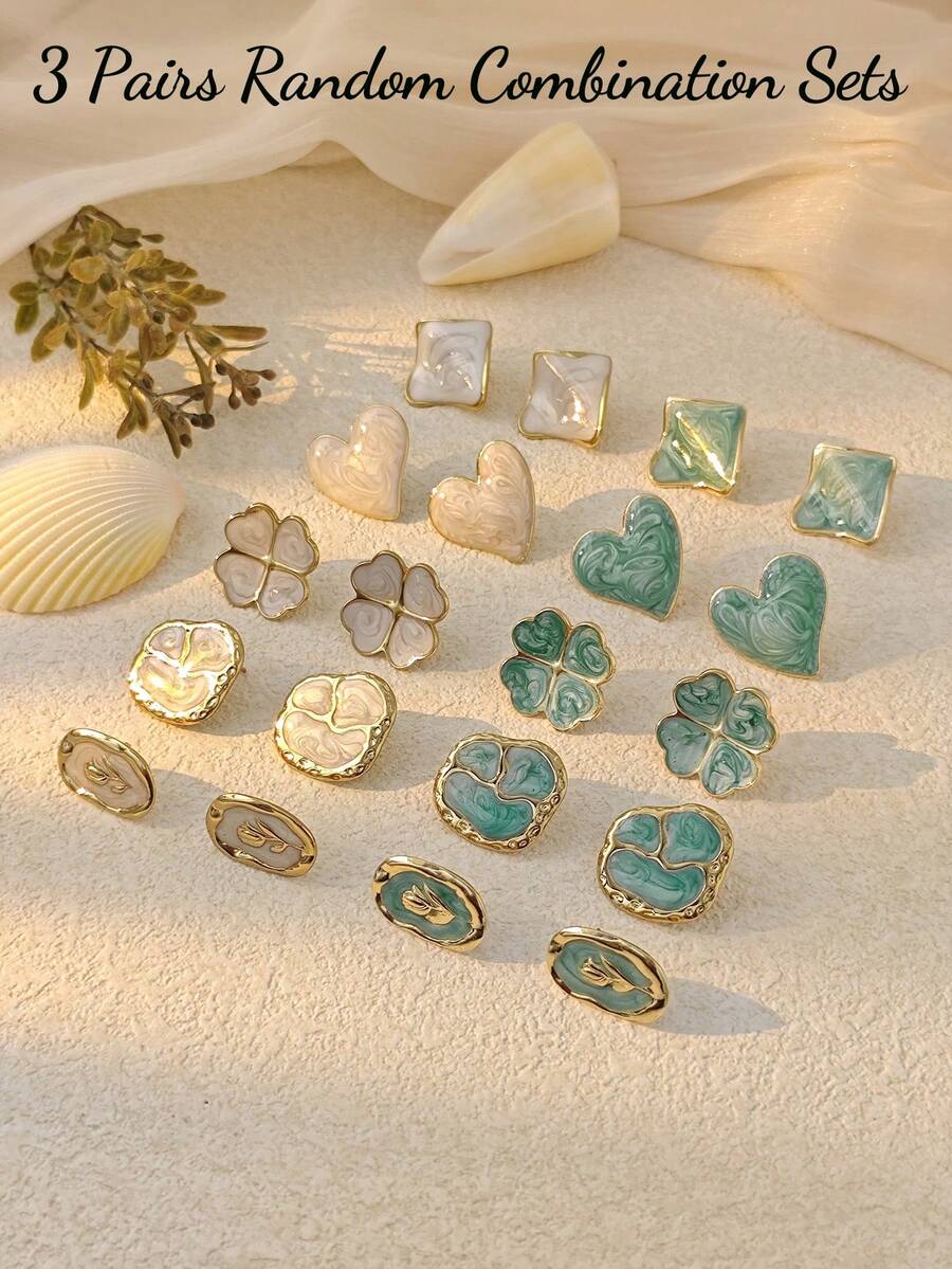 3 paires de boucles d'oreilles à clous pour femmes, bijoux pour femmes, boucles d'oreilles en acier inoxydable imperméables anti-décoloration hypoallergéniques, boucles d'oreilles vintage minimalistes de luxe à la française avec motif trèfle à quatre feuilles, cœur, carré, géométrique irrégulier, feuille de plante, motif marbre, émail goutte d'huile, pour le quotidien, le travail, le bureau, les rendez-vous, les rencontres entre amis, les fêtes, les vacances, assorties aux tenues d'été, chemises, robes, cadeau pour l'Aïd, le Ramadan, la Saint-Valentin, la Fête des Mères, l'anniversaire de la petite amie