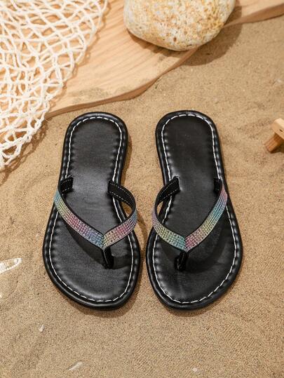 1 Pair Children's Summer Fashion Slippers, Colorful Gradient Rhinestone Flip Flops, Slip-On Flat Sandals For Girls, Solid Color Minimalist Versatile, Suitable For Beach, Swimming, Vacation, Daily Wear