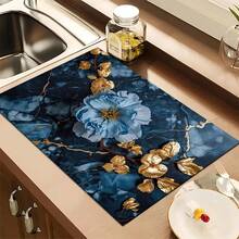 1pc Elegant Floral Blue Marble Pattern Absorbent Dish Drying Mat, Home Decor Coaster For Espresso Machine, Sink, Faucet, Bathroom, Kitchen Accessories - Multicolor - View 6