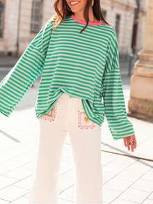 Women's Striped Casual Versatile Long Sleeve Top For Daily Wear Spring - Green-gray - View 7