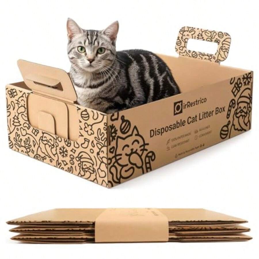 Caja de arena desechable grande para gatos de 3 paquetes para Navidad cajas de arena de cartón plegables impermeables para gatos portátil para viajes de día festivo 17.2 x 12.2 x 5.3 - Marrn - Ver 1