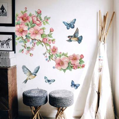 Spring Pink Cherry Blossom Wall Sticker Bird Branch Butterfly Garden Wall Decals Romantic For Bedroom Living Room Home Wall Decor