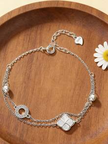 1pc S925 Sterling Silver Geometric Circle & Four-Leaf Clover Pendant Bracelet For Women, Fashionable, Elegant, Sophisticated Design, Versatile For Work And Occasions - Four Leaf Clover - View 8