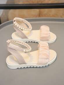 1 Pair Of Elegant Pink Girls' Sandals, With A Satin Pleated Design, Ankle Pearls, Hook And Loop Closure, Suitable For Spring And Summer, Ideal For Travel, Attending Parties, And As A Holiday Gift. - Pink - View 4