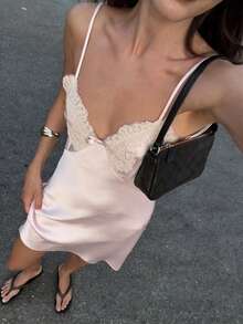 Đầm slip Seelio dành cho nữ, chất liệu ren mềm mại như lụa, phối ren, thời trang và tôn dáng, phong cách Âu Mỹ, thích hợp cho mùa xuân/hè. - Màu Hồng baby - Xem 1
