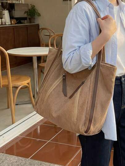 1个，43厘米*16厘米*31厘米，灯芯绒材质，大容量，单肩手提包，手提包，单肩包，托特包，可装A4纸，购物袋，适合上学、通勤、度假、购物、旅行、送礼