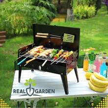 Barbacoa de carbón portátil y plegable tipo maleta con soporte y juego de cubiertos, barbacoa compacta para exteriores, ideal para acampar y hacer picnics. - A - Ver 6