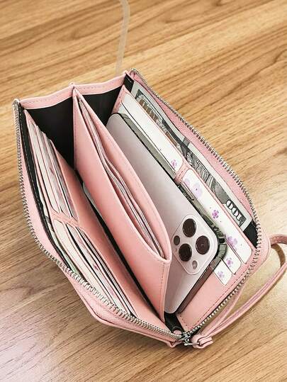 2026 Nouveau portefeuille long en PU patchwork, sac à main doux pour dames, porte-monnaie de téléphone, porte-cartes biface à fermeture éclair minimaliste, design avec sangle