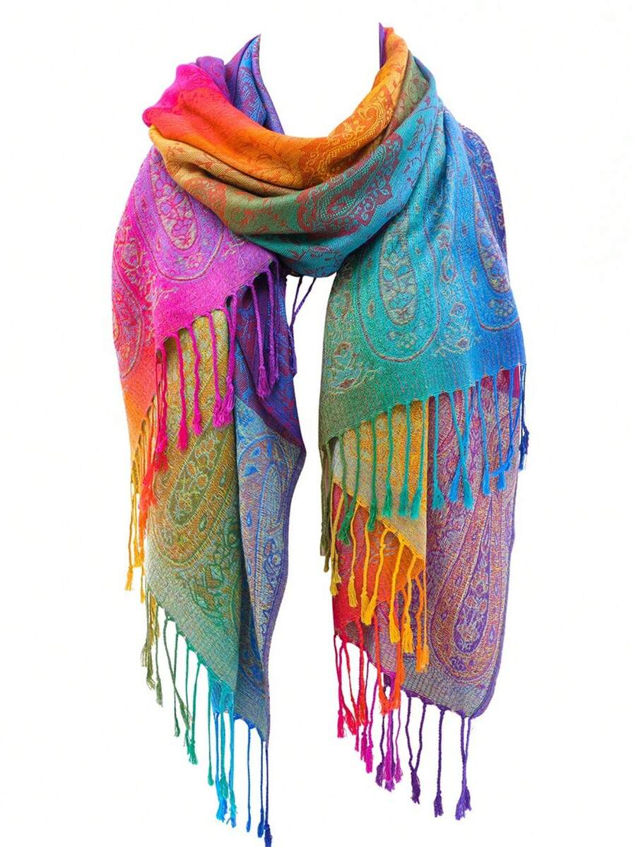 Women's Fashion Cashew Flower Print Beach Scarf, Luxury Satin Shawl Wrap, Faux Cashmere Scarf Robe - Pink - View 1