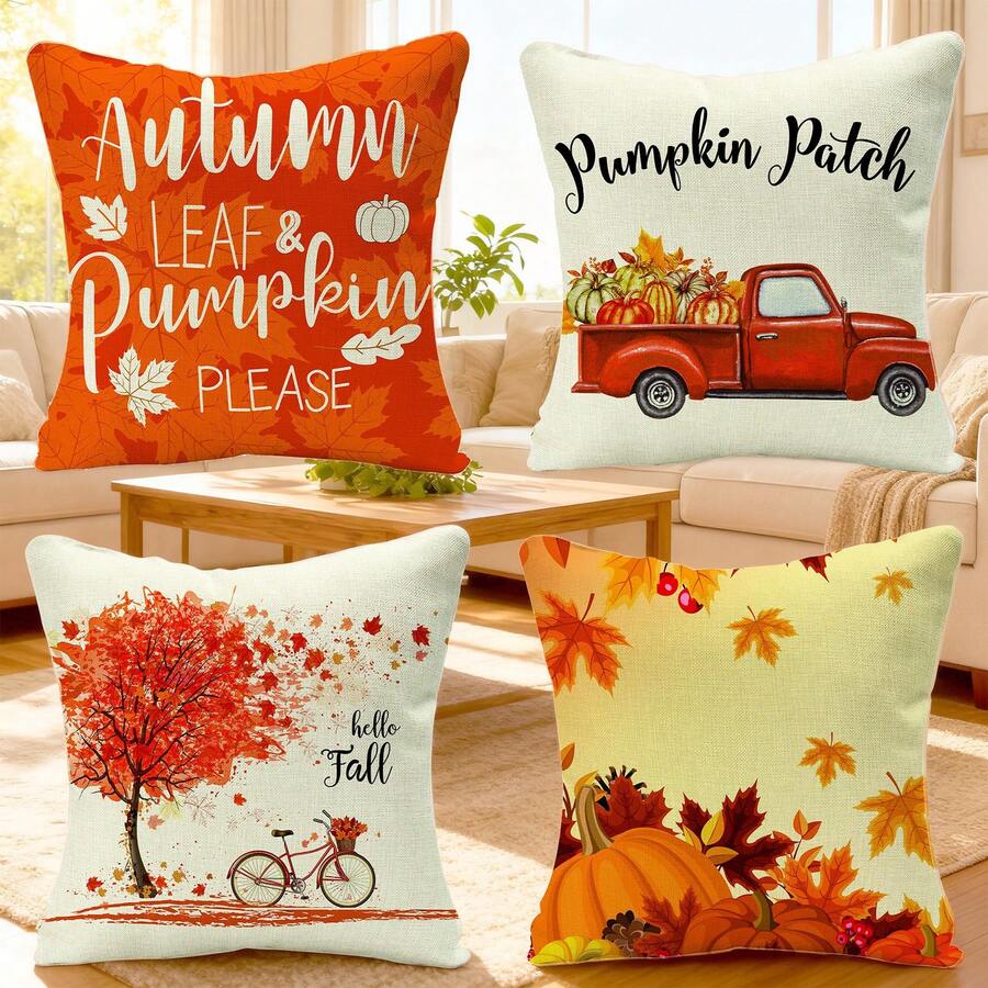 4件套秋季抱枕套,18x18英寸,南瓜印花设计,丰收图案,枫叶设计,亚麻材质,适用于秋季枫叶和南瓜图案抱枕,拉链封口,农舍风格装饰,客厅靠垫套,适用于装饰客厅、卧室、办公室、沙发,单面印花,不含枕芯 - 4個/套 - 查看 1