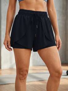 Never me Women's Solid Color Waist Tie Double Layer Sports Shorts, Elastic Waist With Built-In Leggings, Pockets For Anti-Chafing, Comfortable For Daily Wear, Running, Pilates - Black - View 7