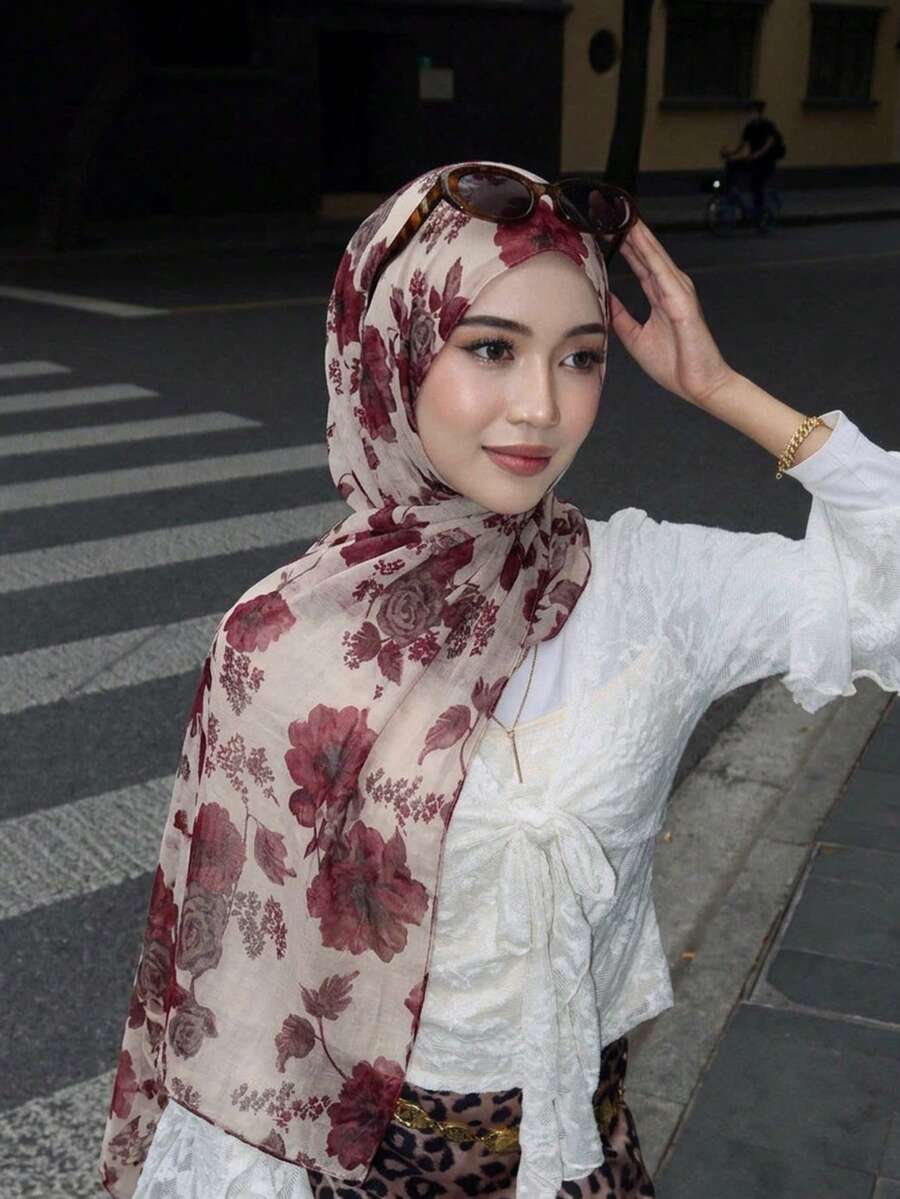 1件装女士花卉水彩印花头巾，柔软透气，用途广泛，长款围巾，优质双色花卉水彩印花设计，适合日常佩戴、海滩度假等场合。 - 彩色 - 查看 1