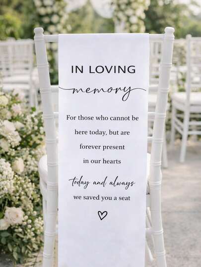 1 pieza Elegante cartel conmemorativo respetado para silla, Bandera para silla de boda, Decoración de boda, Decoración de ducha nupcial, Bandera para silla de fiesta de boda con diseño "Reserva un asiento para alguien en el cielo", Ideal para decoración de asientos perdidos, Decoración de aniversario, Decoraciones de boda, Suministros para fiestas festivas