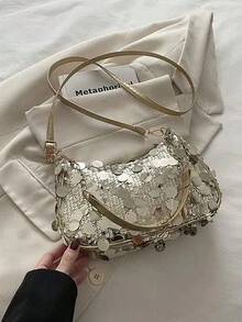 闪亮亮片链条肩带大容量女士个性化新款夏季时尚别致腋下包 - 金色 - 查看 9