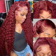 Perruques Lace Front Wigs Deep Wave 99J Bordeaux 13x6, cheveux humains, HD 13x6, densité 200 %, cheveux brésiliens vierges, pré-épilés avec cheveux de bébé. - 99j - Voir 8