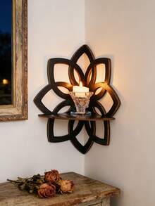 1pc Minimalist Black Line 8-Petal Lotus Bloom Shaped Decorative Floating Shelf/Shelves, Wooden DIY Assembly, Suitable For Candle Holder, Home Decor Corner Rack, Living Room Display Shelf, Small Item Storage - Black - View 3