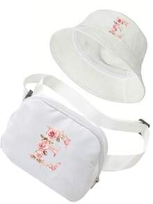 Women's Fashionable Outdoor Waist Pack, White Sun Hat Features A Unique Pink Rose Design And Lettering. Running Waist Bag, Women's Crossbody Chest Bag With Adjustable Shoulder Strap, Suitable For Daily Use, Outdoors,Travel Essential - Multicolor - View 24