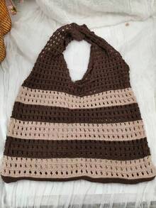 1件欧美撞色提花手提包，简约时尚女士单肩包，大容量针织包 - 彩色 - 查看 6