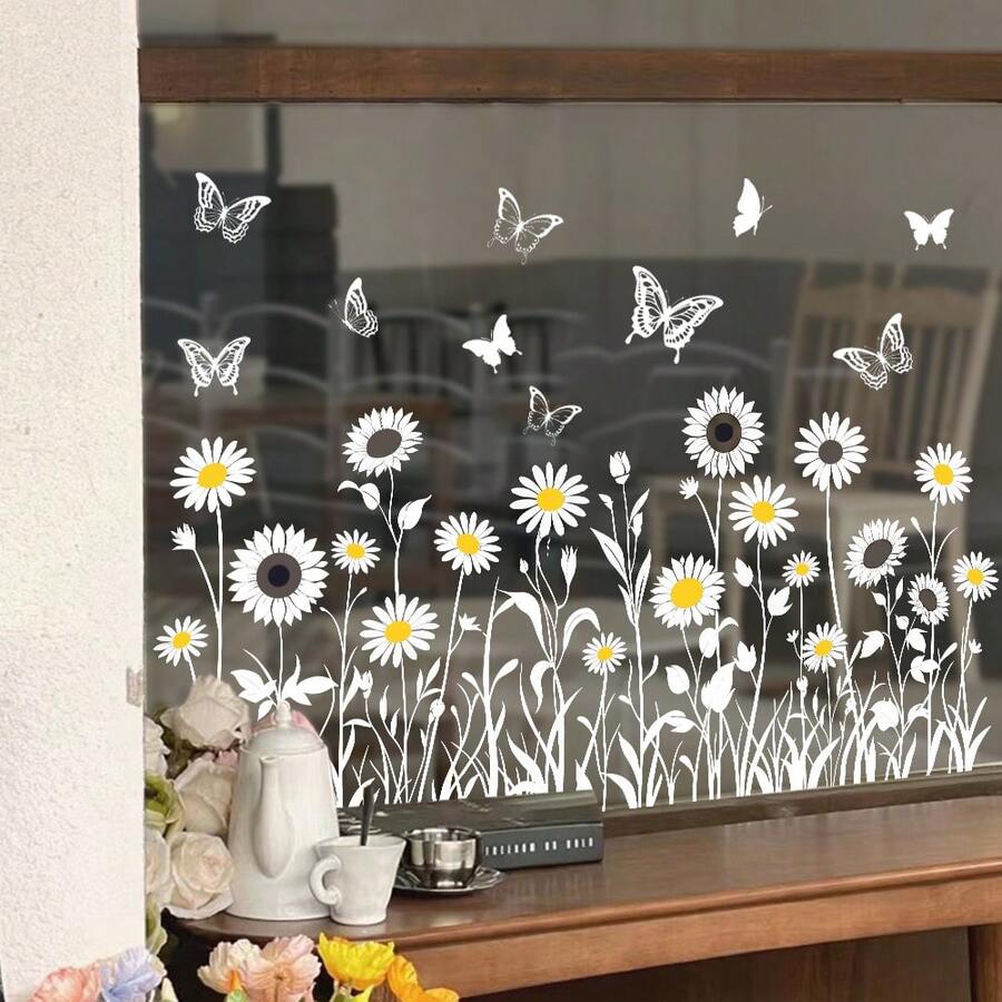 1pc Floral & Butterfly Static Cling Sticker, Cafe/Shop Window Glass Decor - Flowers and Butterflies - View 1