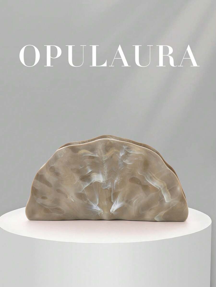 OpulAura 复古贝壳形纹理金属色手拿包,轻盈树脂材质,不对称设计,磁扣闭合,适合派对、婚礼、毕业典礼、晚宴、女士生日派对、婚礼和舞会等场合。 - 杏色 - 查看 1