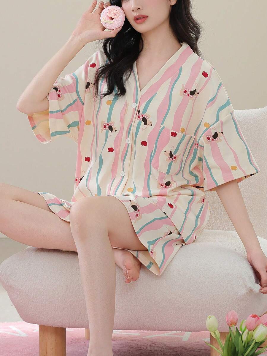 两件套女士睡衣套装,V领短袖开衫和短裤,夏季柔软家居服 - 粉色 - 查看 1
