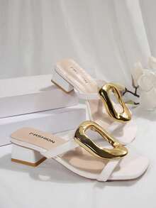 2024 New Square Toe Thong Sandals, Versatile Slip-On Casual Flat Sandals With Metal Buckle, Niche Design - White - View 5