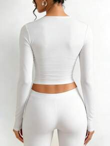 Fyxelle 女士 V 领长袖修身衬衫，休闲百搭，适合春夏穿着 - 白色 - 查看 4