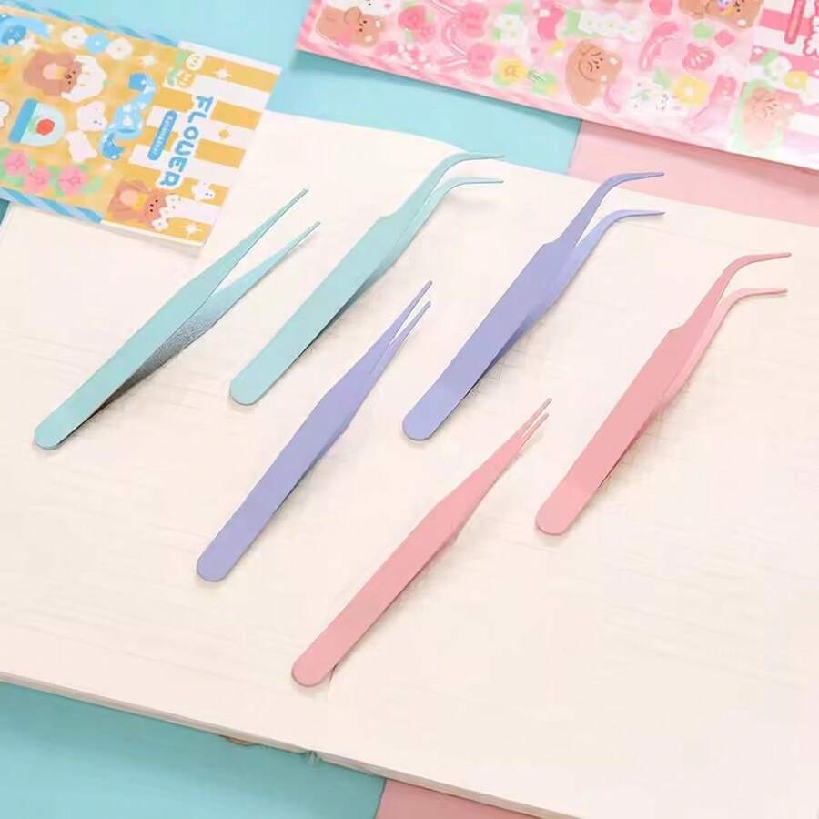 2pcs Stainless Steel Tweezers, Straight & Bent Tip, For Scrapbooking, Stickers, Tapes, DIY Crafts, Magazines, Photo Albums - Straight + Curved 2-piece Set - View 1