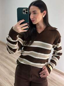Women's Striped Polo Shirt, Knit, Winter, Knitted Fabric, Nightwear, Daily, Travel, Vacation, Autumn/Winter - 米色/棕色 - 查看 1