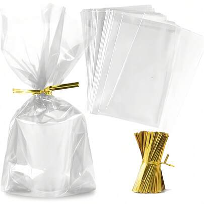 30/60个装透明玻璃纸袋，带金色扎带，透明塑料包装袋，适用于礼品包装、派对、生日派对礼品包装。