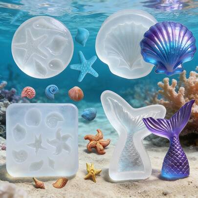 4 Khuôn silicon chủ đề sinh vật biển hình vỏ sò, sao biển, đuôi nàng tiên cá, dùng làm xà phòng, đồ trang trí nghệ thuật DIY, các dự án thủ công bằng đất sét polymer.