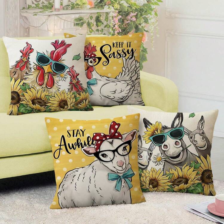 4pcs Funny Farm Animal Decorative Pillow Covers, Spring/Summer Rooster, Sheep, Donkey, Sunflower Outdoor Pillow Covers, "Keep It Sassy Stay Awhile" Autumn Cushion Covers, Home Decor - Orange - View 7