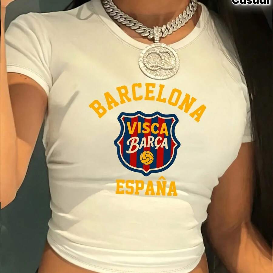 Barcelona FC Themed Women's Crop Top, Boasting Bold 'Barcelona Visca Barça España' Shield Emblem Print, Equipped With Fade-Proof, Durable & Crisp Premium Printing, Flattering Stylish Silhouette, Ideal For Soccer Enthusiasts, Match Days, Casual Looks, A Standout Chic Addition To Elevate Your Wardrobe Effortlessly - trắng - Xem 1