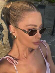 1 pieza Gafas de moda con marco ovalado pequeño estilo retro Y2K, elegantes y refinadas, casuales y versátiles, adecuadas para mujeres en diversas ocasiones - pieza gris marco dorado - Ver 2