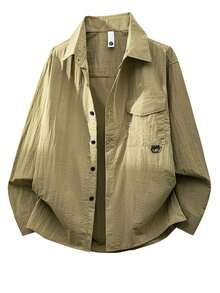 Tucano Camisa abotonada con textura arrugada de color oliva estilo "Old Money" para hombre, casual de negocios, de manga larga tipo sobrecamisa con bolsillo en el pecho, para oficina y uso diario refinado - Caqui - Ver 5