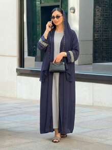 Glamorous Rhinestone & Beaded Robe With Rhinestone Chiffon Headscarf - Dark Blue - View 3