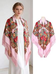 NAAMLOOS 1pc 155x155cm Floral Print Bohemian Vintage Polyester Tassel Oversized Scarf/Shawl, High-End, Versatile For Women, All Seasons - Multicolor - View 18