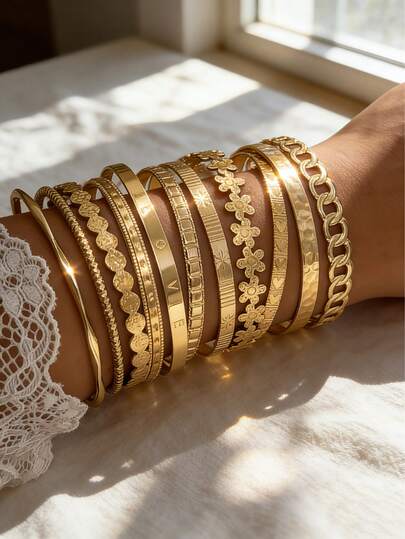 Set de 11 piezas de pulseras y brazaletes bohemios y punk multicapa para mujer, con elegantes brazaletes con corazón, flor y moneda para fiesta y boda