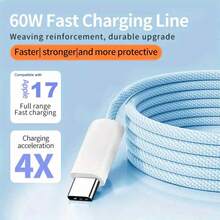 USB-C Fast Charging Cable Compatible With IPhone 17/16/15, USB-C To Type-C Charging & Data Cable (3.3/6.6/10ft Nylon Braided) For Indoor/Outdoor/Travel And Car Use, Fast Charging Compatible With Iphone 17/16/15/Pro/Pro Max, Android Phones - 淺藍色 - 查看 2