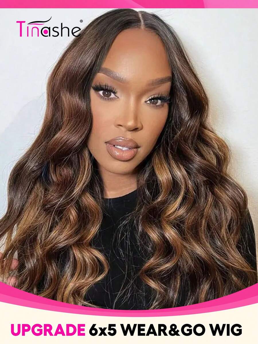 Tinashe Wear&Go 无胶散落式波浪卷发挑染 4/30 Remy 真人发假发，巴西自然发际线，卷发，预先拔毛漂白发结，预先剪裁 6x5 透明蕾丝闭合假发，透气帽，真人发，180% 密度，万圣节服装，女士万圣节美甲，无胶假发，真人发，万圣节角色扮演，仙女发型，婚礼美人鱼黑色假发，美发用品 - S4/30 - 查看 1