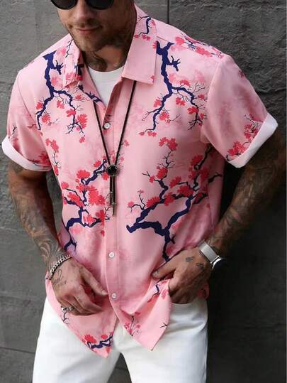 Casual Men's Short Sleeve Shirt, Men's Summer Clothing, Pink Color Plum Blossom Print
