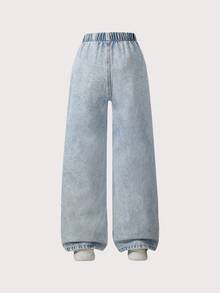 1 pieza Jeans rectos y sueltos de estilo casual y para exteriores con estampado de calavera y letras en inglés para niñas, verano - Lavado ligero - Ver 2