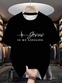 Camiseta de hombre de talla grande con estampado 3D, camiseta cristiana "Es mi salvación", adecuada para uso casual al aire libre, entretenimiento en fiestas, TALLA GRANDE - Negro - Ver 1