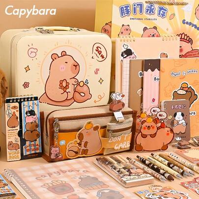 Capybara Themed Stationery Gift Set (Gift Bag/Handbag) Includes Notebook, Soft Grip Pen, Pencil Case And Accessories - Cute Learning Essentials Pack Suitable For Students And Animal Lovers