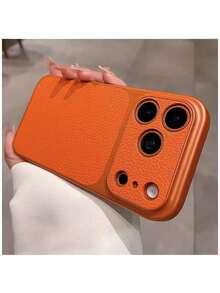 Fashion Litchi Leather Texture Large Window Phone Case Compatible With IPhone 17 Pro Max, 17 Pro, 16 Pro Max, 15, 14 Pro, 13, 12 Pro, 17, Camera Protection Matte Soft Edge Shockproof Protective Cover - Orange - View 2
