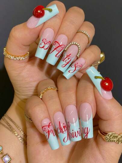 Y2K Sweet And Cool Style Light Blue And Pink Rectangular And Round Press-Type Acrylic Nail Art, 24pcs With 3D Apple And Red Letter Decorations On The Fake Nail Tips, DIY Handmade Nail Art Patch, Includes Jelly Gel And Nail File, Suitable For Women's Daily Commute, Parties And Holiday Celebrations.