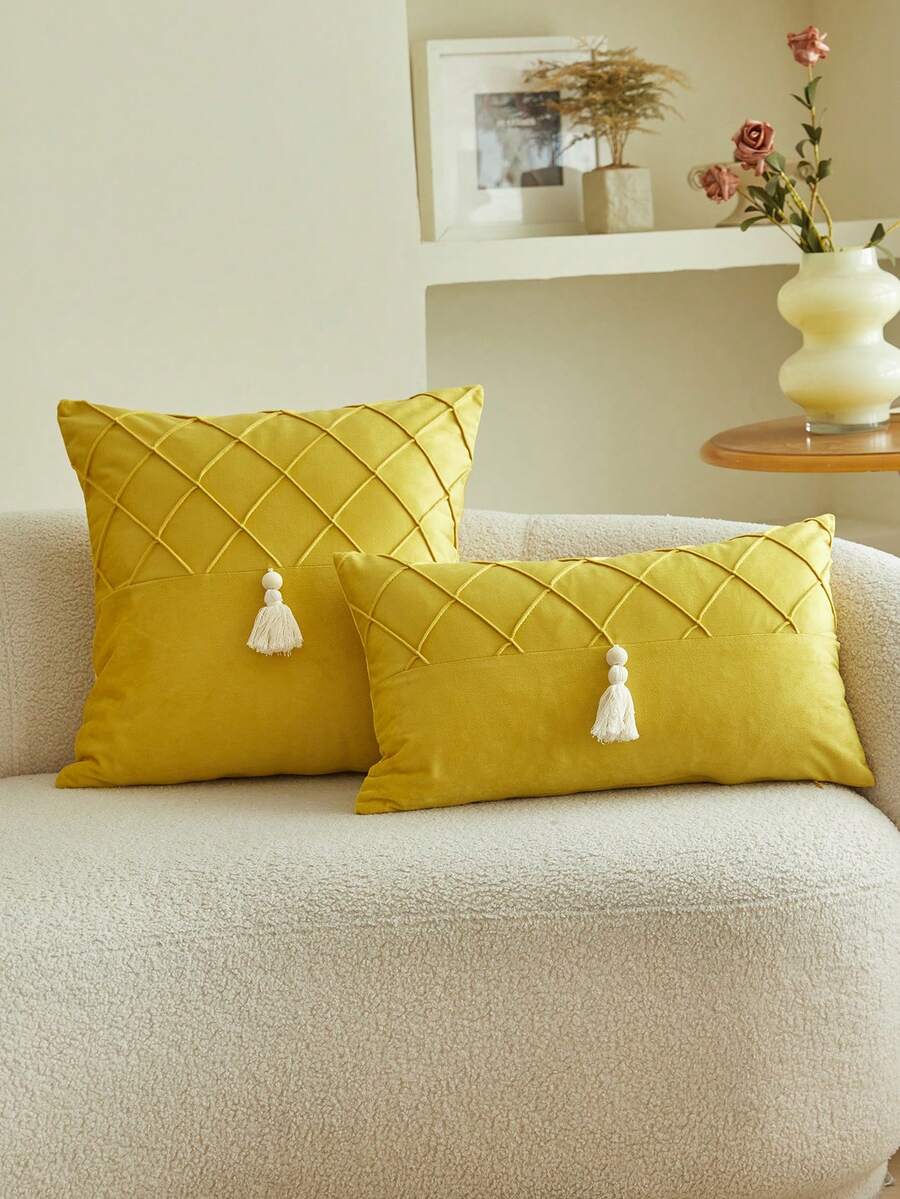 1pc Yellow Pleated Tassel Patchwork Decorative Pillow Cover, Suitable For Indoor Decor, All Season Pillow Sham, Pillow Insert Not Included