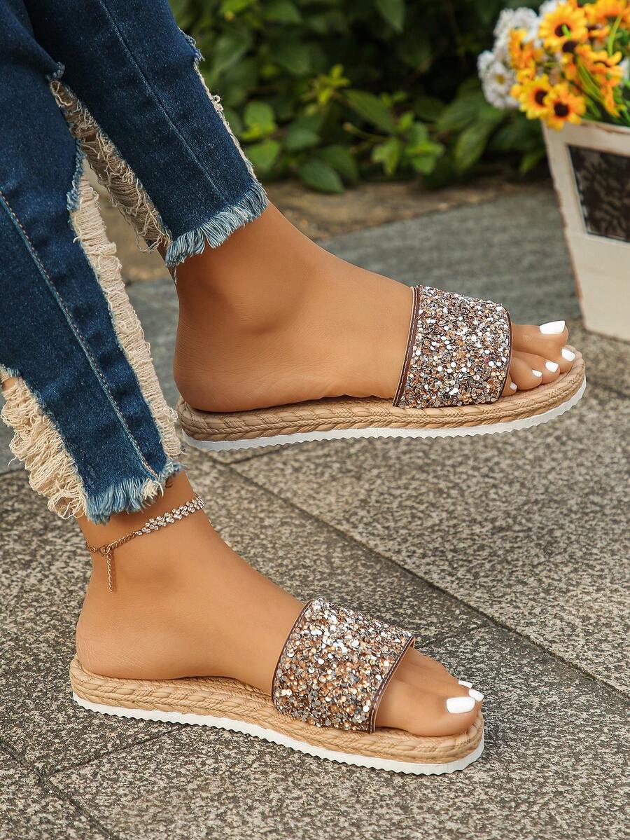 1 Pair Rhinestone Faux Rope Sole Low Heel Women Flat Sandals, Coffee Brown Pattern Random Design, Holiday Essential, Women Summer Sandals